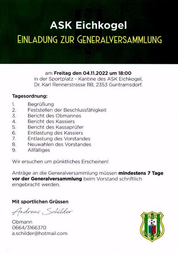 Generalversammlung am 04.11.2022 um 18:00 Uhr: Wahlvorschlag